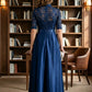 Navy Blue A Line High Neck Long Mother of Bride Dress with Lace Appliques