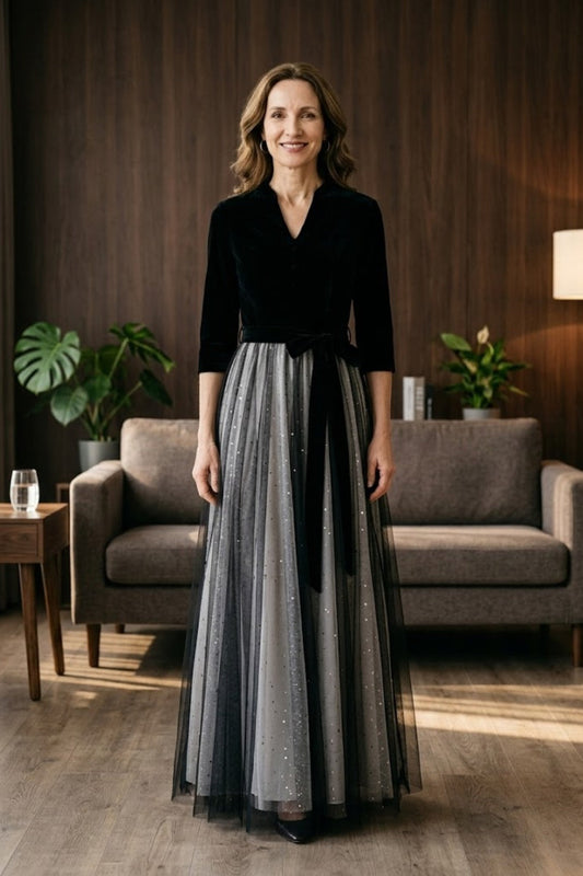 Black A Line V-Neck Long Mother of Bride Dress with Sash