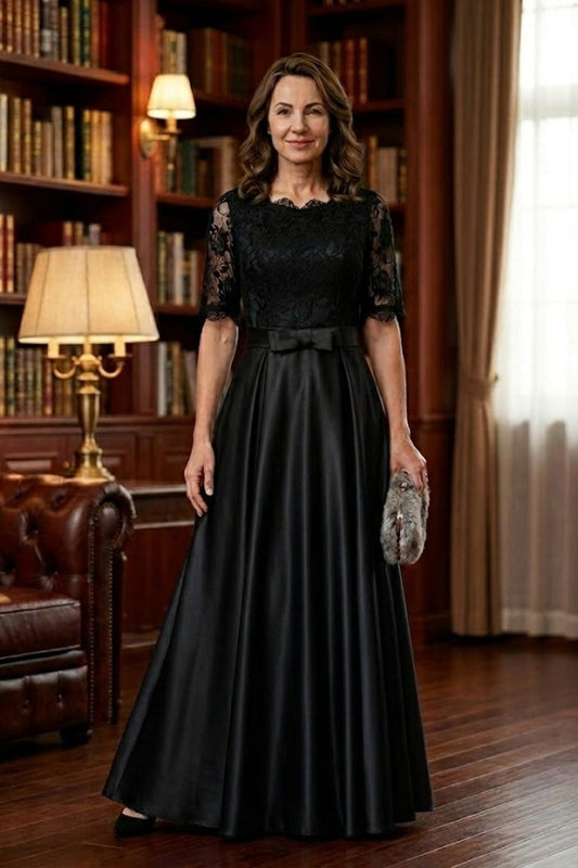Black A Line Scoop Long Mother of Bride Dress with Lace Appliques