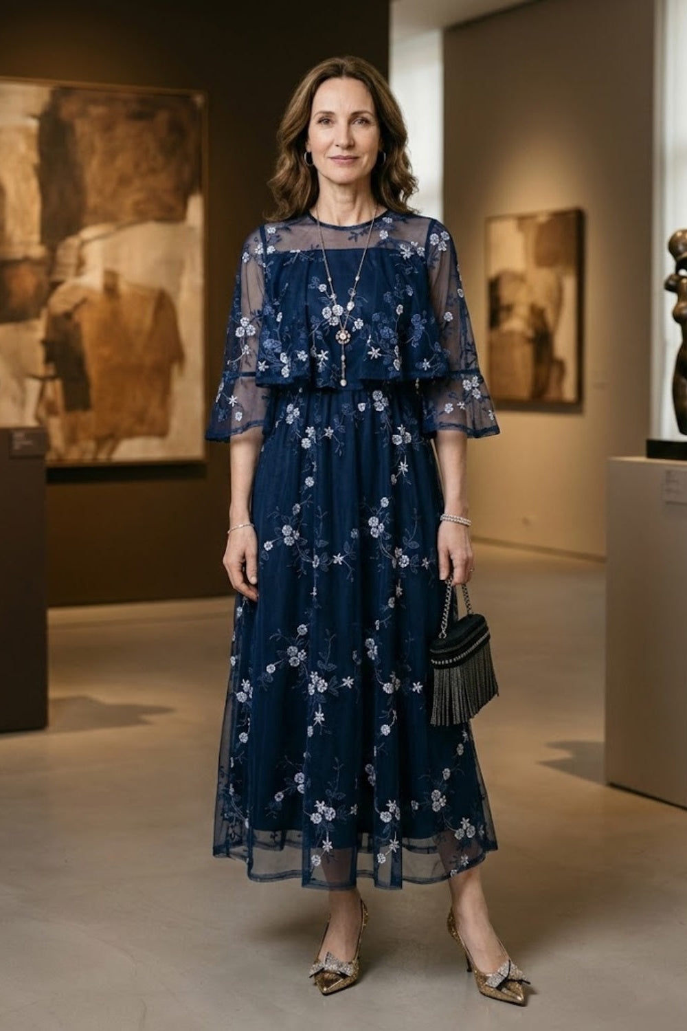 Navy Blue A Line Illusion Neck Long Mother of Bride Dress with Floral Embroidery