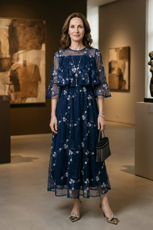 Navy Blue A Line Illusion Neck Long Mother of Bride Dress with Floral Embroidery