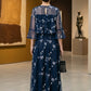 Navy Blue A Line Illusion Neck Long Mother of Bride Dress with Floral Embroidery