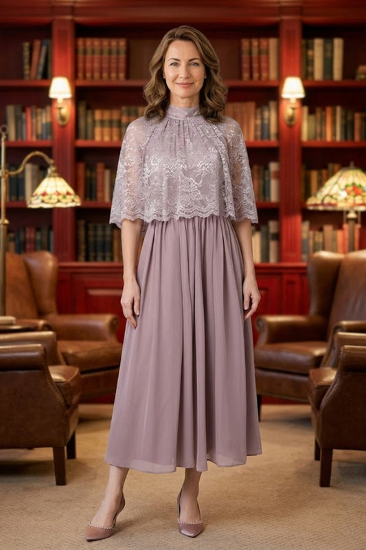 Dusty Pink A Line High Neck Long Lace Appliques Mother of Bride Dress
