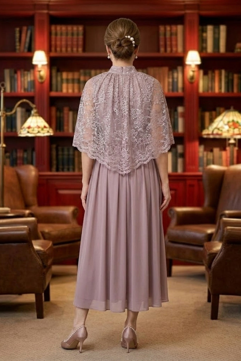 Dusty Pink A Line High Neck Long Lace Appliques Mother of Bride Dress