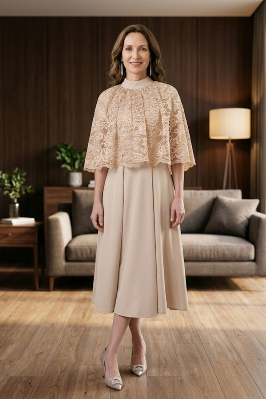 Apricot A Line High Neck Long Lace Appliques Mother of Bride Dress