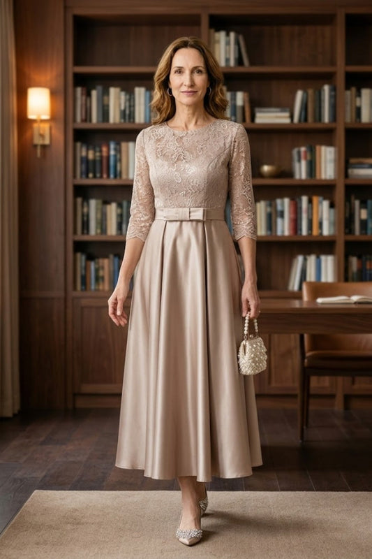 Brown A Line Scoop Long Lace Mother of Bride Dress with Belt