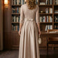 Brown A Line Scoop Long Lace Mother of Bride Dress with Belt
