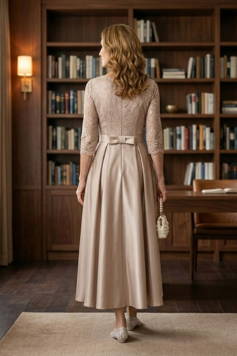 Brown A Line Scoop Long Lace Mother of Bride Dress with Belt