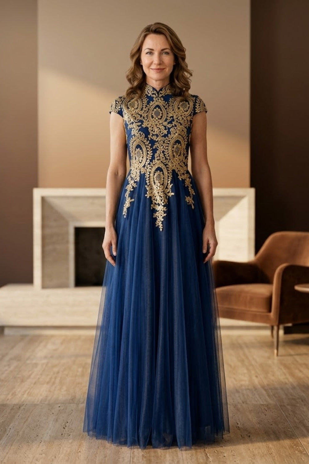Navy Blue A Line High Neck Tulle Long Mother of Bride Dress