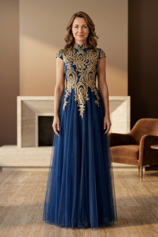 Navy Blue A Line High Neck Tulle Long Mother of Bride Dress