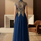 Navy Blue A Line High Neck Tulle Long Mother of Bride Dress