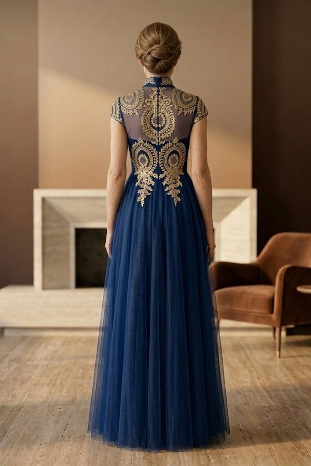 Navy Blue A Line High Neck Tulle Long Mother of Bride Dress