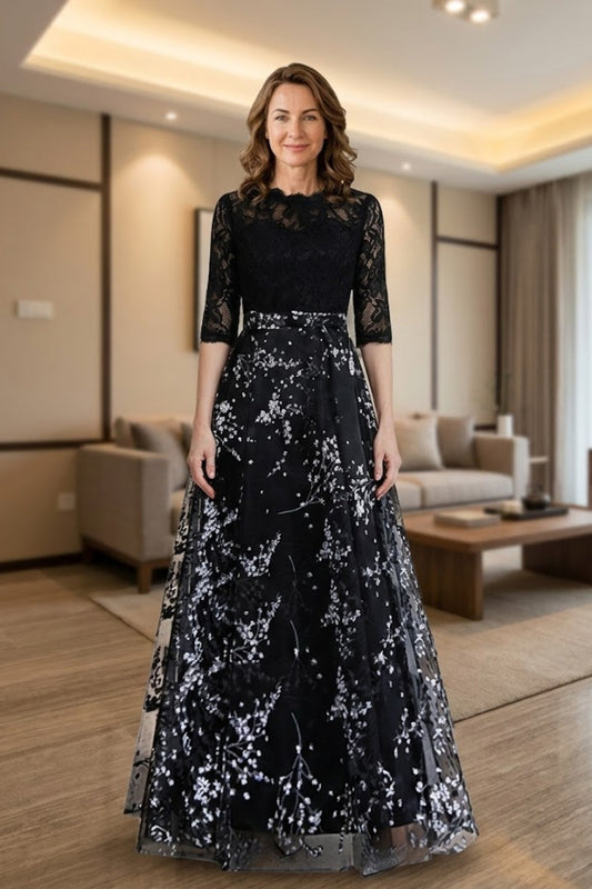 Black A Line Floral Scoop Long Mother of Bride Dress with Lace