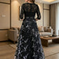 Black A Line Floral Scoop Long Mother of Bride Dress with Lace