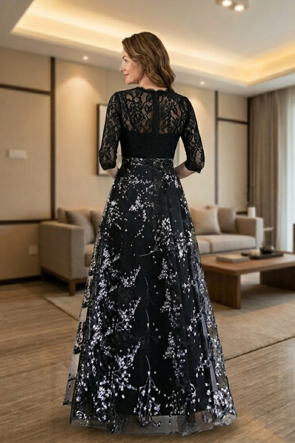 Black A Line Floral Scoop Long Mother of Bride Dress with Lace