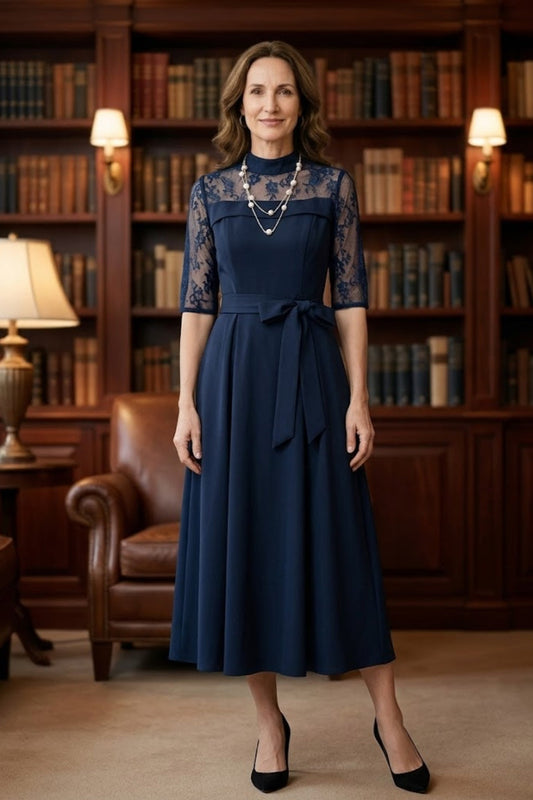 Navy Blue A Line High Neck Long Mother of Bride Dress with Appliques