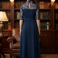 Navy Blue A Line High Neck Long Mother of Bride Dress with Appliques