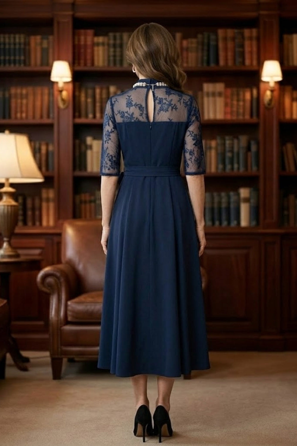 Navy Blue A Line High Neck Long Mother of Bride Dress with Appliques