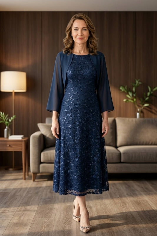 Navy Blue A Line Scoop Lace Appliques Long Mother of Bride Dress