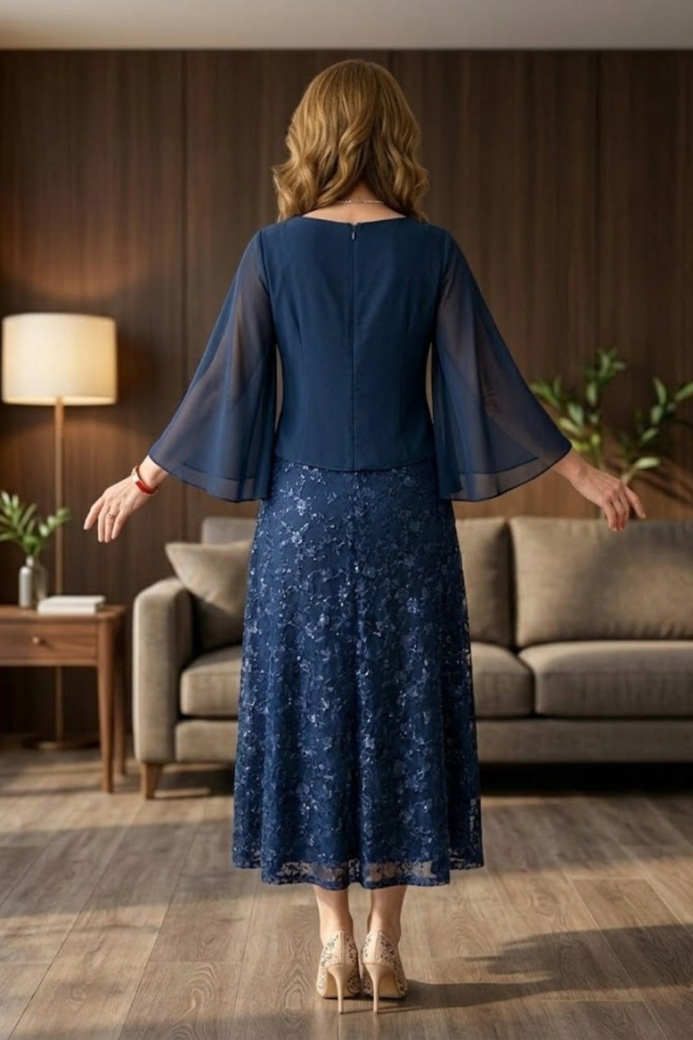 Navy Blue A Line Scoop Lace Appliques Long Mother of Bride Dress