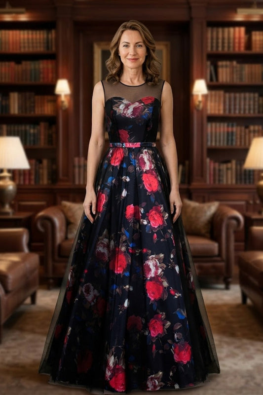 Black Floral A Line Illusion Neck Long Mother of Bride Dress