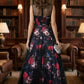 Black Floral A Line Illusion Neck Long Mother of Bride Dress
