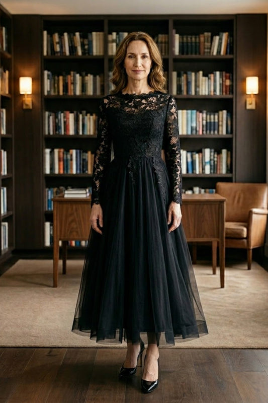 Black A Line Scoop Long Tulle Mother of Bride Dress with Lace Appliques