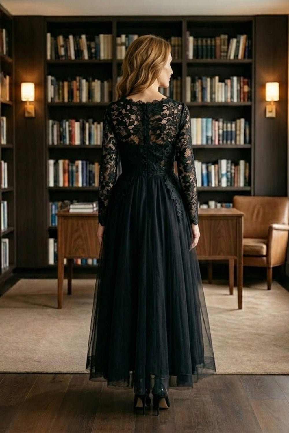 Black A Line Scoop Long Tulle Mother of Bride Dress with Lace Appliques