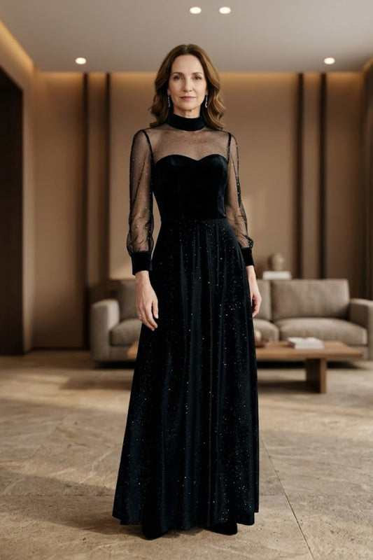 Black A Line High Neck Long Mother of Bride Dress