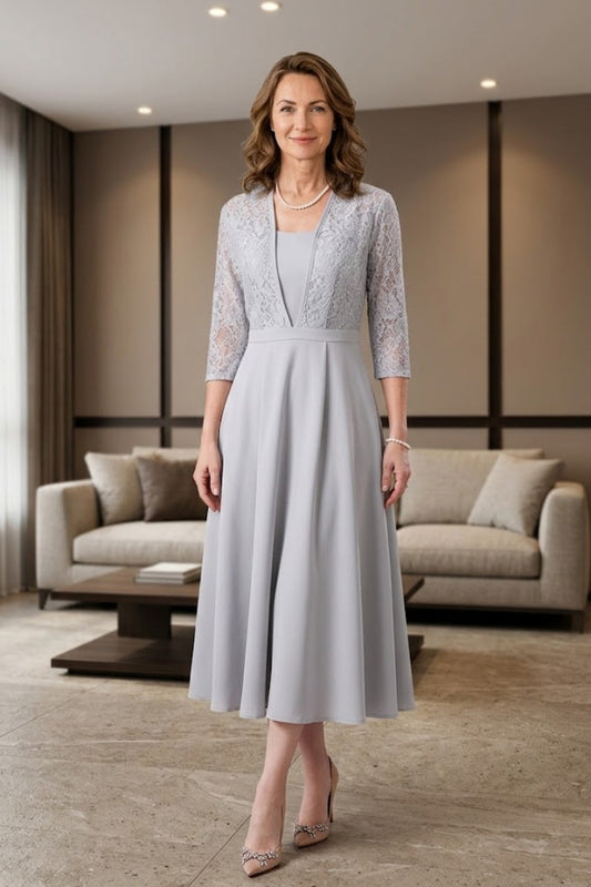 Grey A Line Scoop Lace Appliques Long Mother of Bride Dress