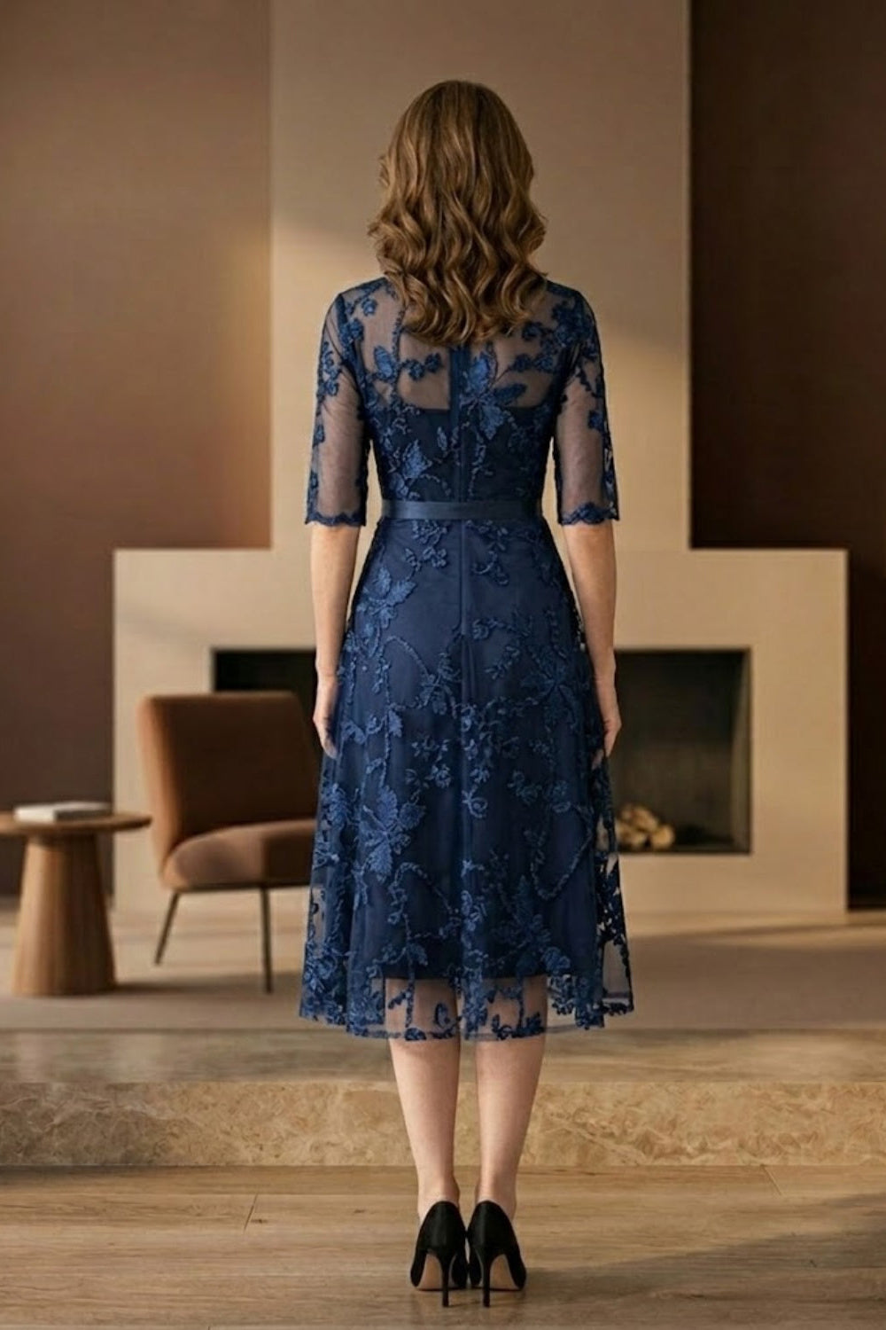 Navy Blue A Line Illusion Neck Lace Appliques Long Mother of Bride Dress