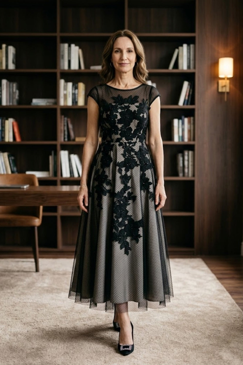 Black A Line Illusion Neck Appliques Long Mother of Bride Dress