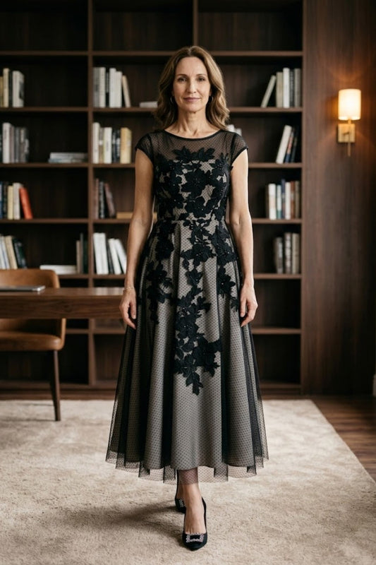 Black A Line Illusion Neck Appliques Long Mother of Bride Dress