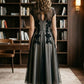 Black A Line Illusion Neck Appliques Long Mother of Bride Dress