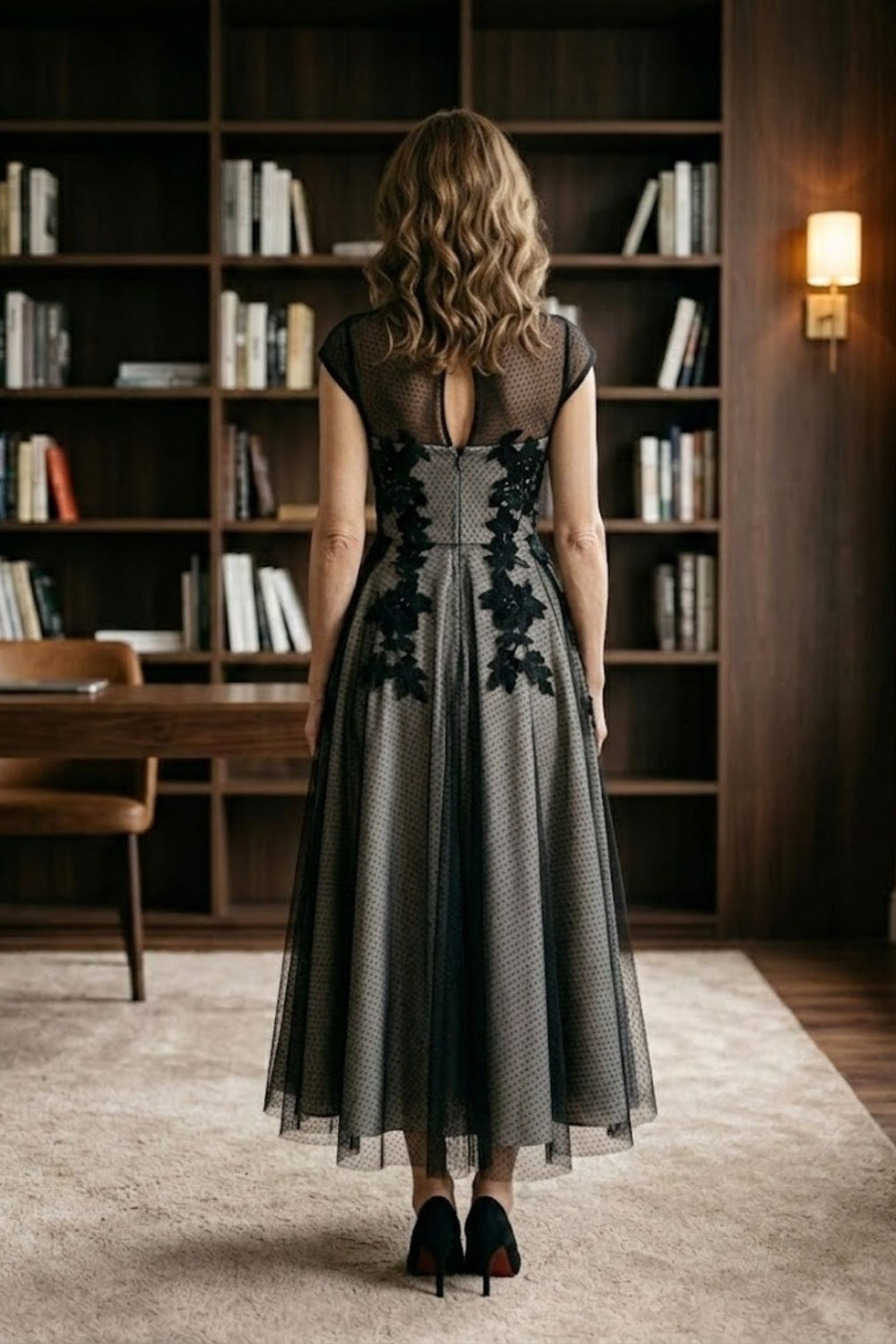 Black A Line Illusion Neck Appliques Long Mother of Bride Dress