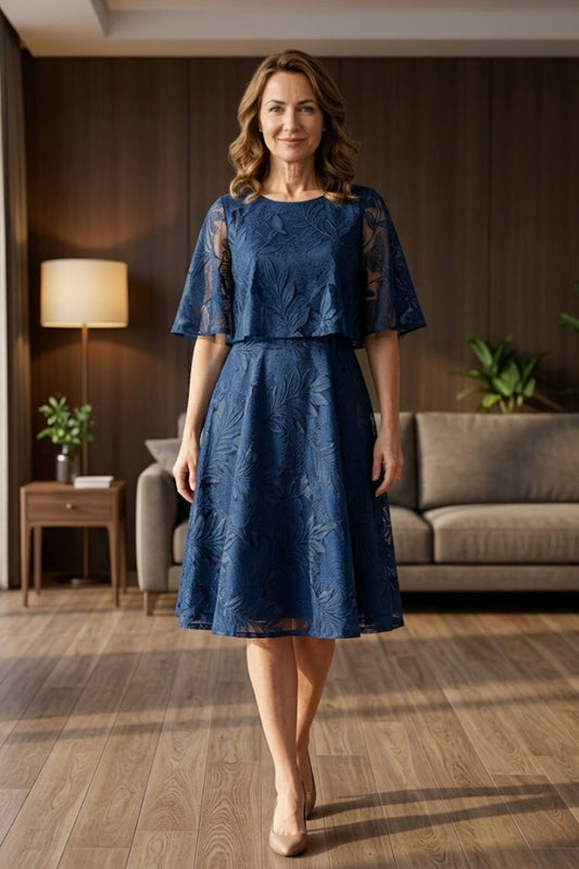 Navy Blue A Line Scoop Appliques Long Mother of Bride Dress
