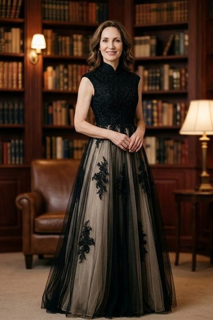 Black A Line Round Neck Long Mother of Bride Dress with Appliques