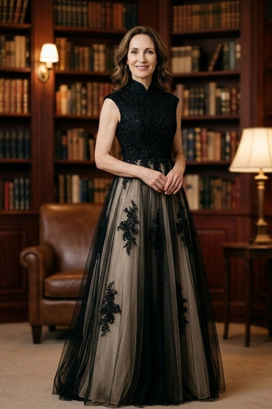 Black A Line Round Neck Long Mother of Bride Dress with Appliques