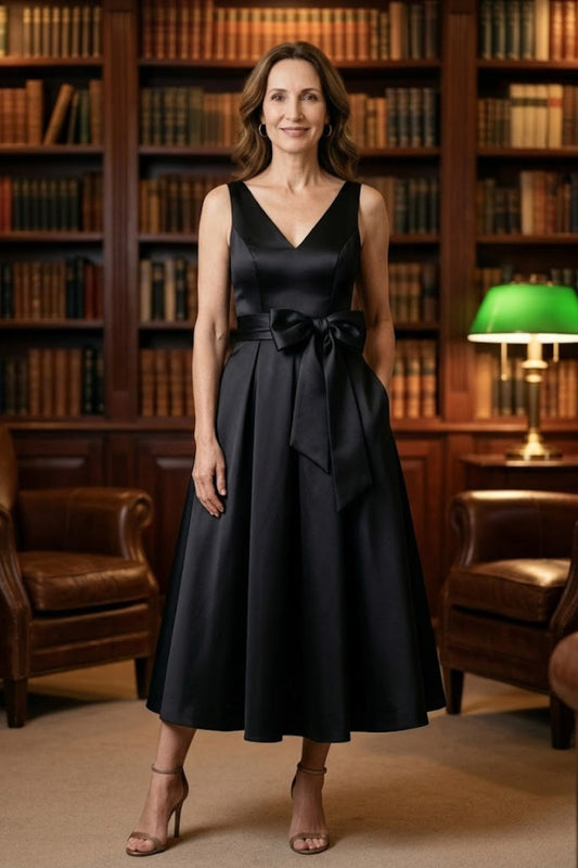 Black A Line V-Neck Sleeveless Long Mother of Bride Dress with Sash