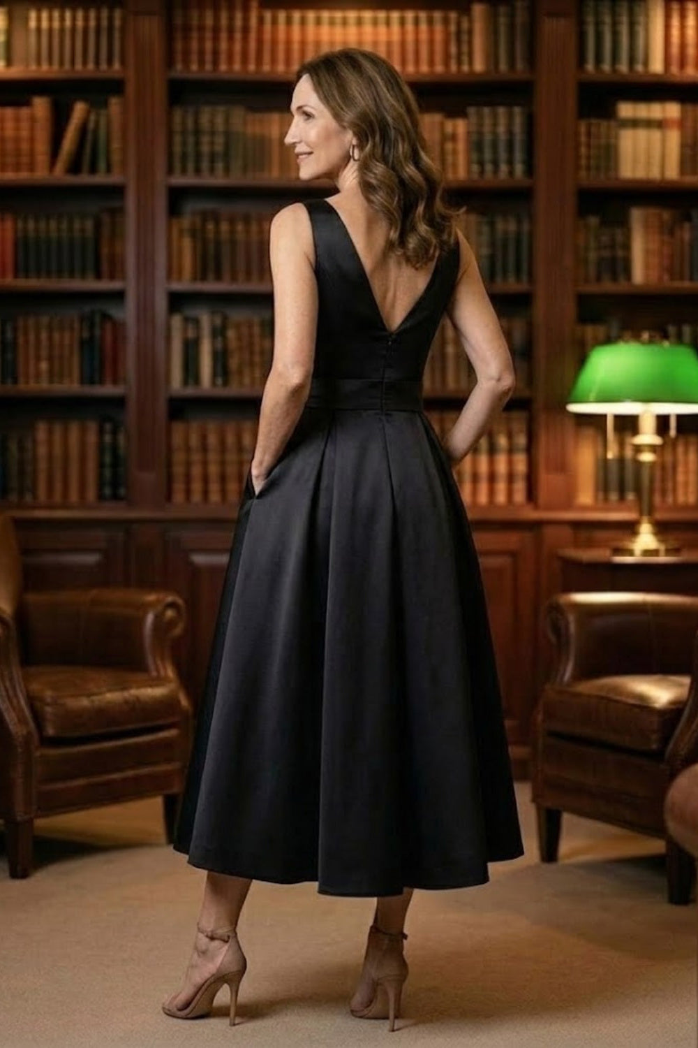 Black A Line V-Neck Sleeveless Long Mother of Bride Dress with Sash