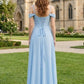Sky Blue A Line Off the Shoulder Chiffon Long Bridesmaid Dress