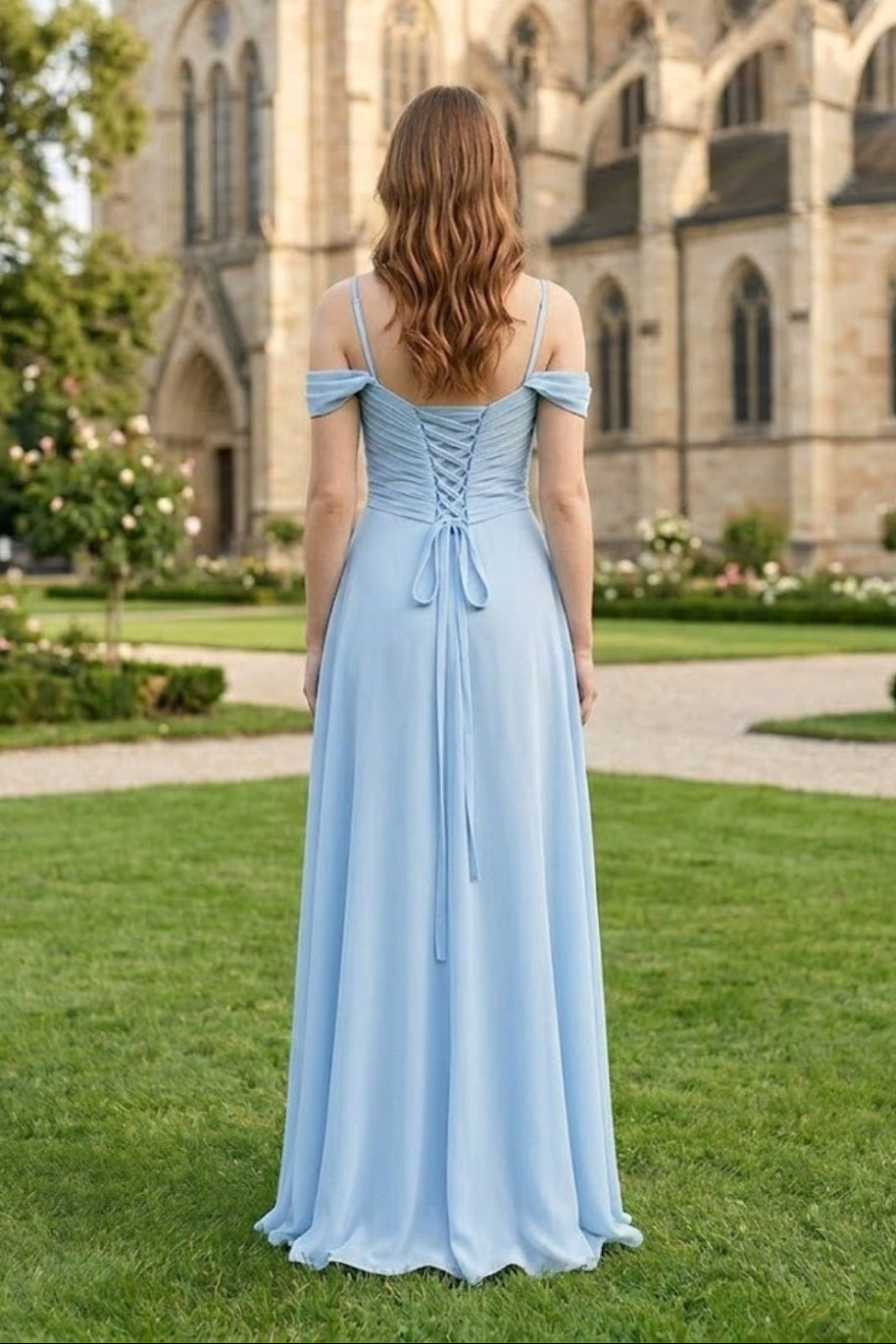Sky Blue A Line Off the Shoulder Chiffon Long Bridesmaid Dress