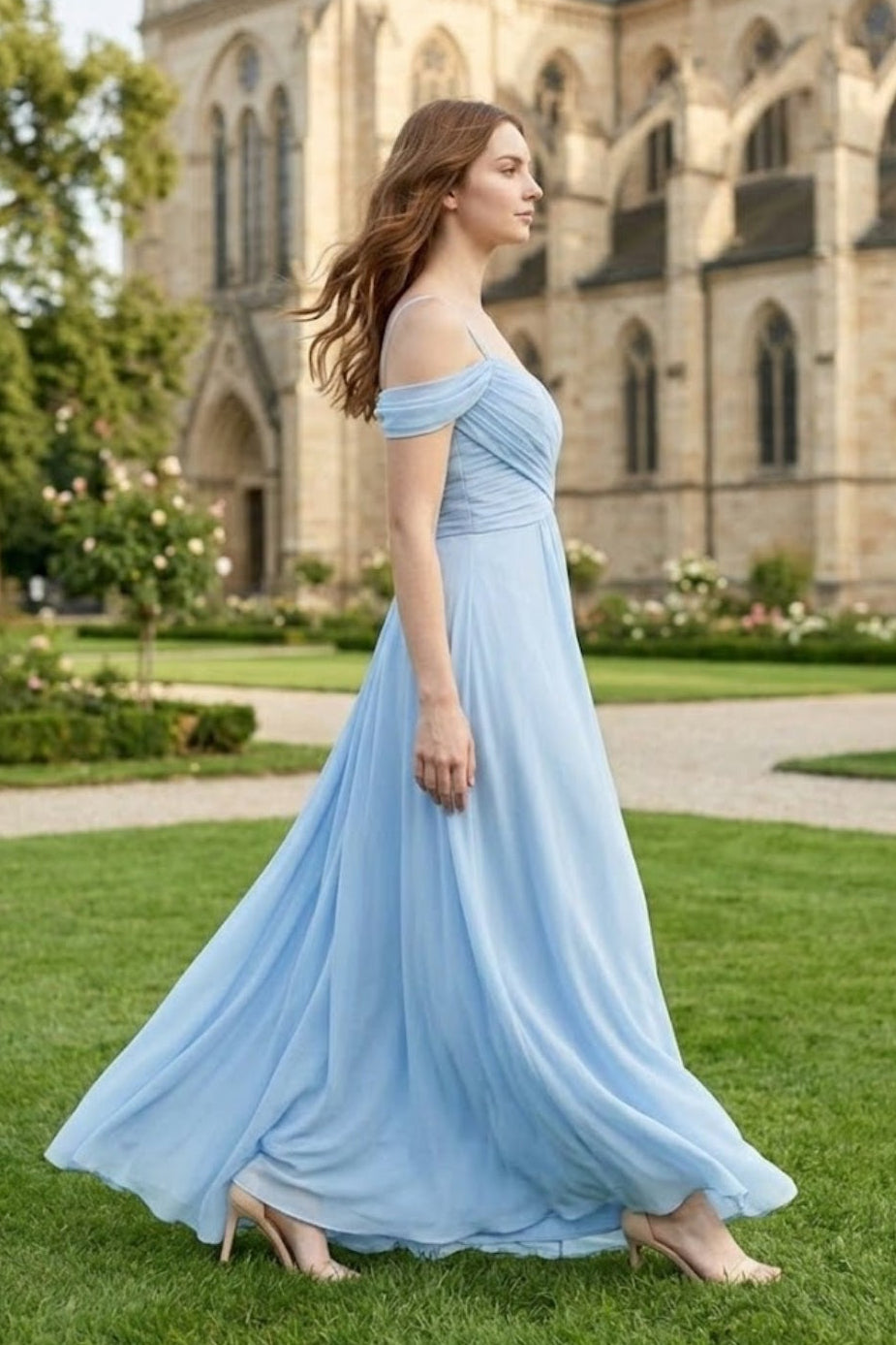Sky Blue A Line Off the Shoulder Chiffon Long Bridesmaid Dress