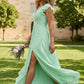 Sage A Line V-Neck Chiffon Long Bridesmaid Dress with Slit