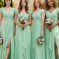 Sage A Line V-Neck Chiffon Long Bridesmaid Dress with Slit