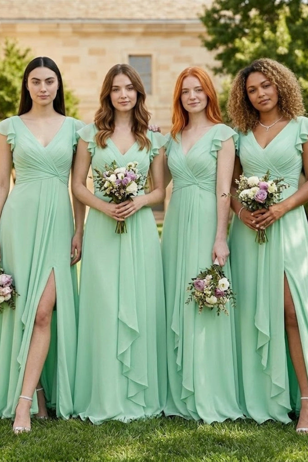 Sage A Line V-Neck Chiffon Long Bridesmaid Dress with Slit