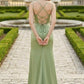 Sage Sheath V-Neck Spaghetti Straps Long Bridesmaid Dress with Slit