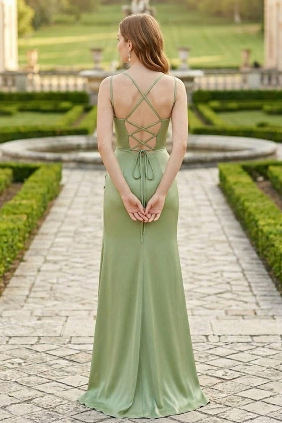 Sage Sheath V-Neck Spaghetti Straps Long Bridesmaid Dress with Slit