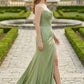 Sage Sheath V-Neck Spaghetti Straps Long Bridesmaid Dress with Slit