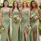 Sage Sheath V-Neck Spaghetti Straps Long Bridesmaid Dress with Slit